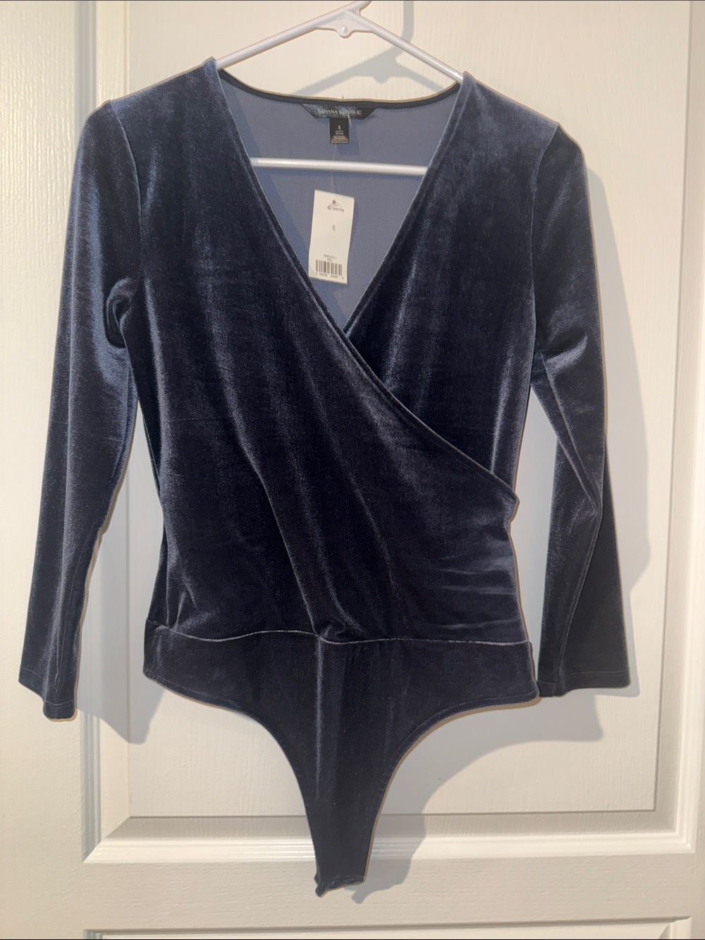 Banana Republic Navy Velvet Wrap-Front Long Sleeve Bodysuit